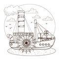 Steamboat. Vintage water transport. Design gaming applications, game background, theatrical scenery