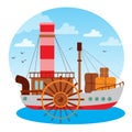 Steamboat. Vintage water transport. Design gaming applications, game background, theatrical scenery