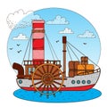 Steamboat. Vintage water transport. Design gaming applications, game background, theatrical scenery