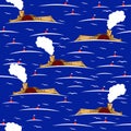 Steamboat on the waves. Seamless pattern.