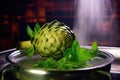 steamed artichoke on metal dish, steam visible