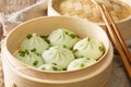 Steamed baozi chinese buns in bamboo steamer closeup. horizontal Royalty Free Stock Photo
