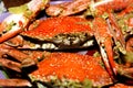 Steamed blue crabs in a cooking pot, lovely seafood with spicy sauce, hot steamed crabs