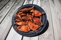 Steamed blue crabs on a plate