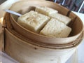 Steamed bread in oriental bamboo steamer