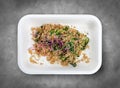 Steamed bulgur. Healthy food. Takeaway food.Top view, on a gray background