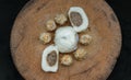 Steamed buns with minced pork filling and Pork shumai or Chinese steamed dumpling on old wooden background