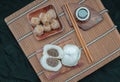 Steamed buns with minced pork filling and Pork shumai or Chinese steamed dumpling served with sour sauce Royalty Free Stock Photo