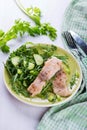 Steamed catfish filet with arugula salad Royalty Free Stock Photo