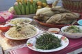Steamed chicken, food and fruits offering to spirits
