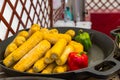 Steamed corn cobs cooking, smorgasbord Royalty Free Stock Photo