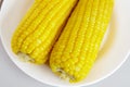 Steamed corns boiled corns on the white plate, white background, - close up, top view Royalty Free Stock Photo