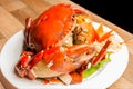 Steamed crab or Boiled crab fresh with crab`s spawn in white dish showing the delicious crab`s eggs inside its shell on wood table Royalty Free Stock Photo