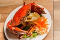 Steamed crab or Boiled crab fresh with crab`s spawn in white dish showing the delicious crab`s eggs inside its shell on wood table Royalty Free Stock Photo