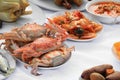 Steamed crab close up on plate and food many in home party Royalty Free Stock Photo