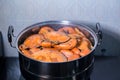 Steamed crab in pot. live crabs in a pot. steaming shanghai hairy crabs, chinese cuisine.