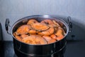 Steamed crab in pot. live crabs in a pot. steaming shanghai hairy crabs, chinese cuisine.