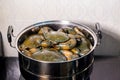 Steamed crab in pot. live crabs in a pot. steaming shanghai hairy crabs, chinese cuisine.