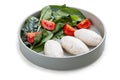 Steamed cutlets of three kinds of white meat with fresh spinach and tomatoes