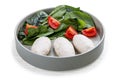 Steamed cutlets of three kinds of white meat with fresh spinach and tomatoes