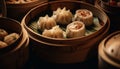 Steamed dim sum and dumplings in bamboo baskets generated by AI