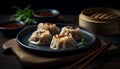 Steamed dim sum, pork dumplings, chopsticks, and soy sauce meal generated by AI Royalty Free Stock Photo