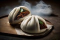 steamed dumpling buns on wooden plate with smoke coming out Royalty Free Stock Photo