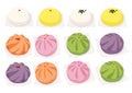 Steamed stuff bun,dim sum yellow orange pink green purple colourful and chinese cuisine on white background vector illustration Royalty Free Stock Photo