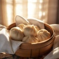 Steamed dumplings in a bamboo basket on a light background. Royalty Free Stock Photo