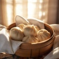 Steamed dumplings in a bamboo basket on a light background.