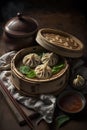 steamed dumplings in bamboo steamer with chopsticks and tea