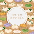 Steamed dumplings dim sum or momo in bamboo steamer baskets. Quadro template with various dumplings