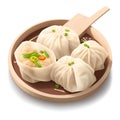Steamed dumplings and sauce on white background. Isolated close up illustration. Xiao long bao, steamed dumplings.