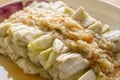 Steamed eggplant with garlic sauce close up. Chinese food Royalty Free Stock Photo