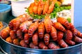 Steamed giant freshwater shrimps that are sold as street food