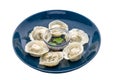 Steamed handmade dumpling served in a dish isolated on white background side view Royalty Free Stock Photo