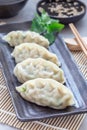 Steamed Korean dumplings Mandu with chicken meat and vegetables on black plate, vertical Royalty Free Stock Photo