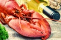 Steamed lobster with bottle of white wine Royalty Free Stock Photo