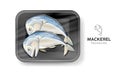 Steamed mackerel black foam tray wrapped in plastic packaging, design popular food