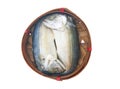 Steamed Mackerel fish in bamboo basket.Top view