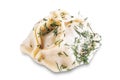 Steamed manta rays with meat sprinkled with dill in a plate on a white isolated background Royalty Free Stock Photo