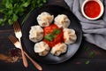 steamed meat mantas. Traditional Georgian dish manti stuffed with meat.