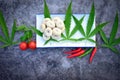 Steamed meatballs, hemp leaves and vegetables