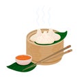 Steamed momo dumplings with red chile sauce in a wooden basket. Vector tibetan momos