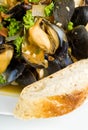 Steamed Mussels Served with a Slice of Bread