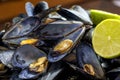 Steamed mussels in their juice with lemon. Typical mediterranean food, Spain, tapas
