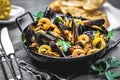 Steamed mussels in white wine sauce Royalty Free Stock Photo