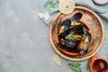 Steamed mussels in white wine sauce.