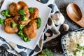 Steamed pork with balsamic vinegar and roasted broccoli and rice