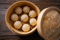 Steamed pork buns in bamboo steamer Royalty Free Stock Photo